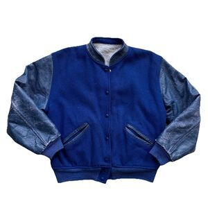 Vintage Blue Varsity Jacket Women's Medium Wool Leather Sherpa Pile Lined